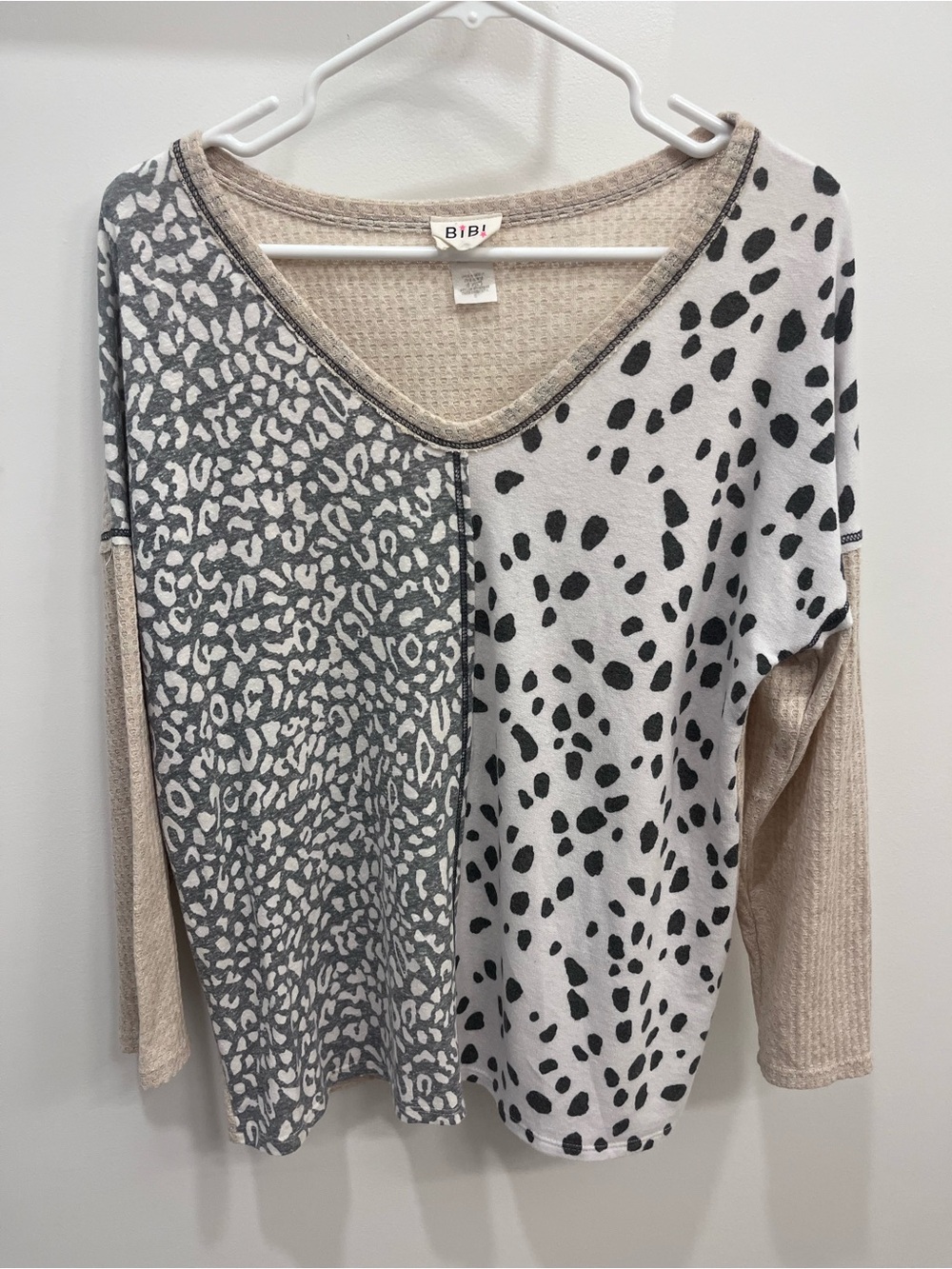 BIBI Mixed Animal Print Waffle Knit Long Sleeve Top Size Small